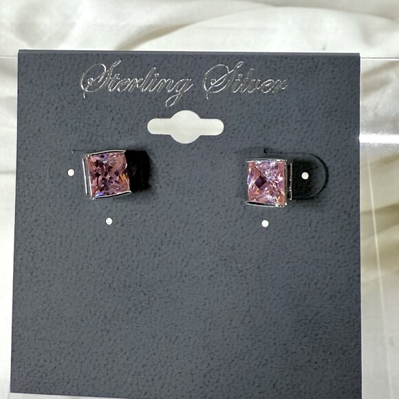 Sterling Silver 925 Pink Princess Cut Crystal Stud Earrings Square Post - Picture 1 of 5